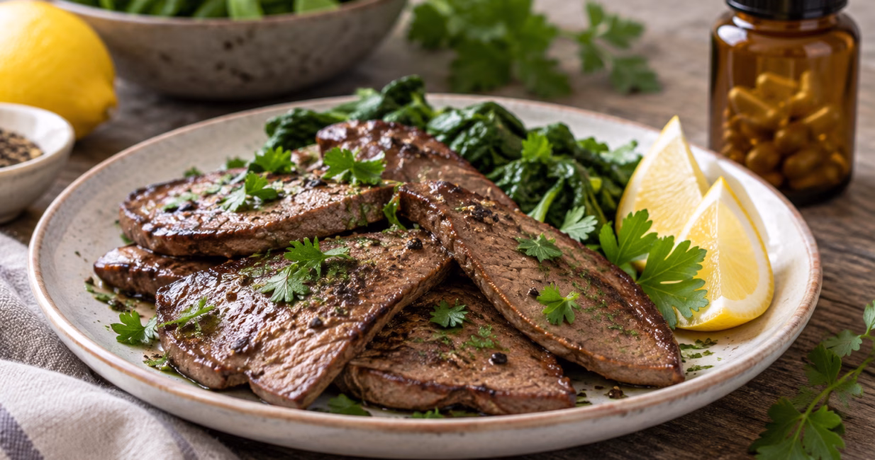 Cooked beef liver with greens and a supplement jar