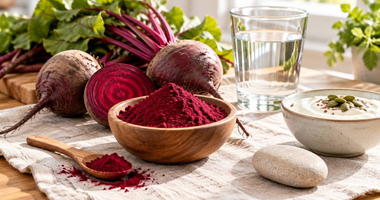 Fresh beetroot and beetroot powder beside water, yoghurt and a smooth pale pebble