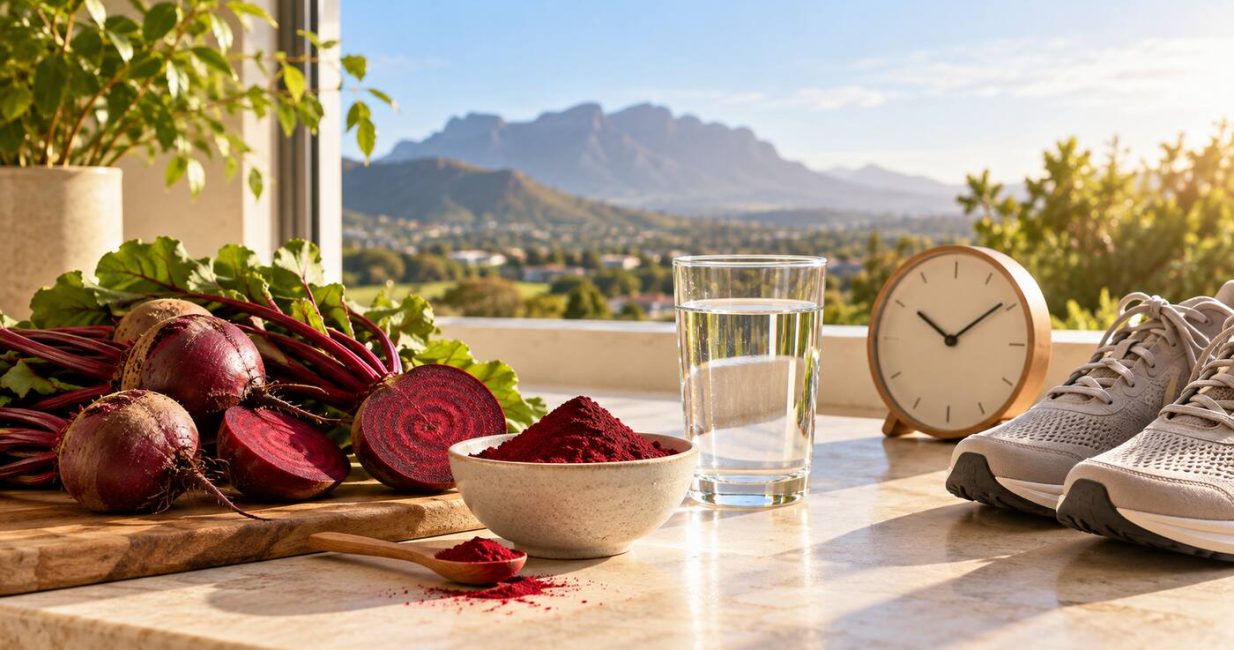 Fresh beetroot, beetroot powder, water, running shoes and a clock representing timing before exercise