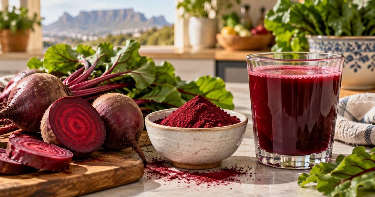 Fresh beetroot displayed with beetroot powder and a glass of beetroot juice