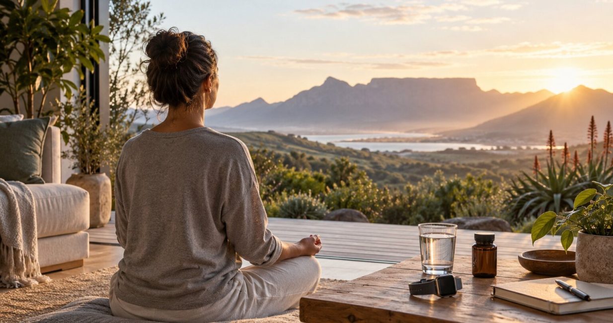 Woman practising calm breathing at sunrise with a wellness journal and fitness tracker