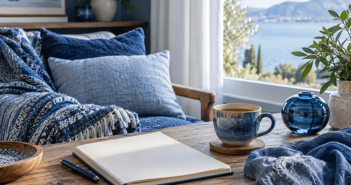 Calm blue-toned room with layered textiles, a blank journal, tea cup and blue glass object