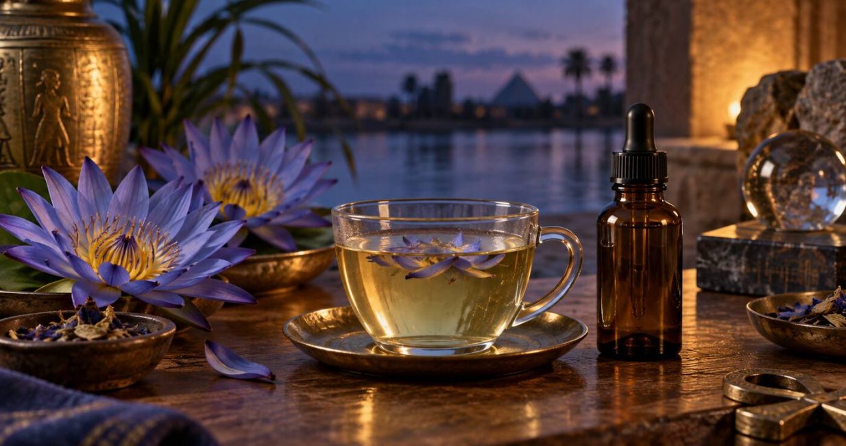 Blue lotus flowers with a cup of botanical tea and an amber tincture bottle