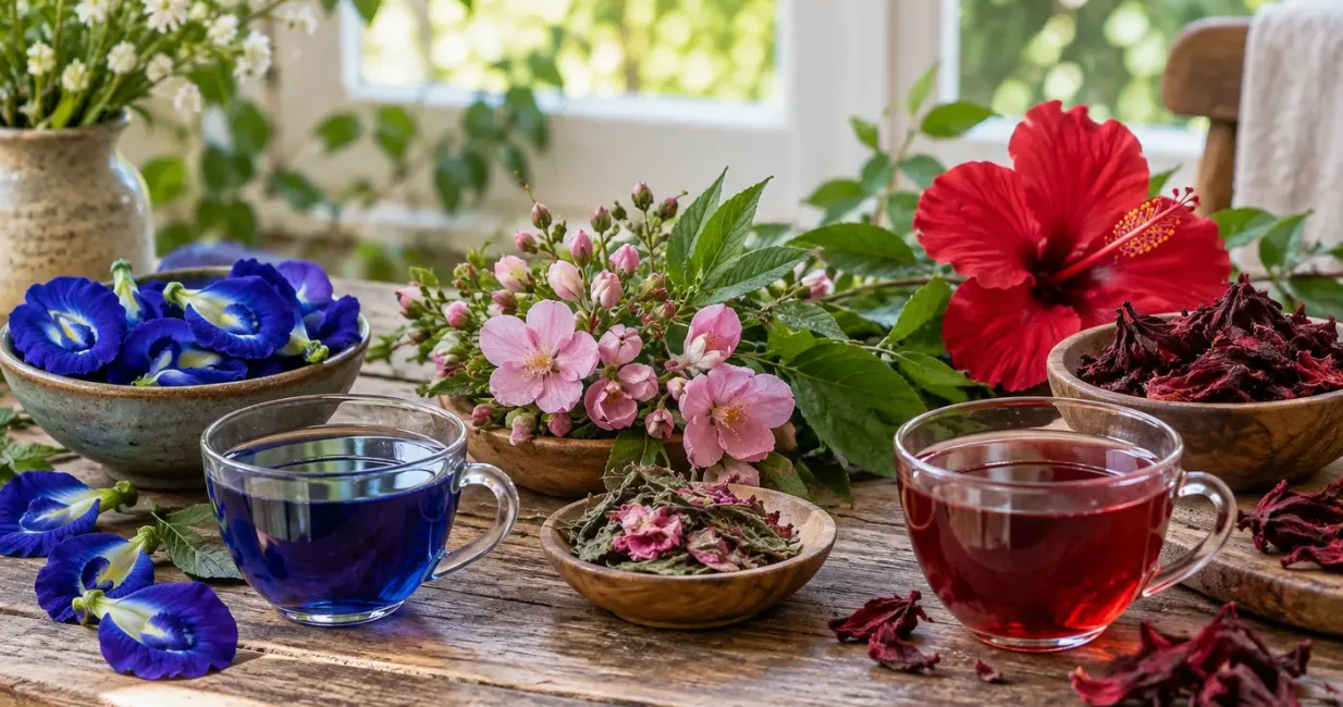 Blue pea flowers, Bobinsana botanicals and red hibiscus tea arranged on a natural table
