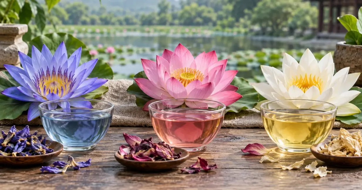 Blue, pink and white lotus flowers displayed with three differently coloured botanical teas