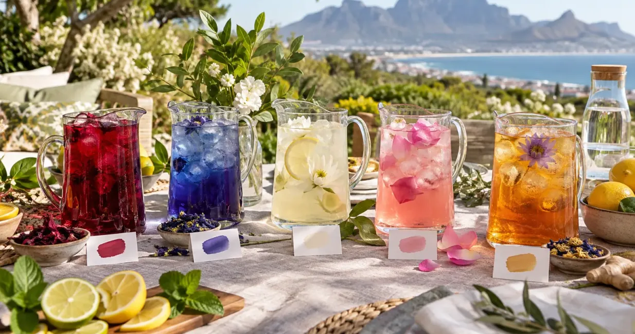 Five colourful botanical iced teas on a summer table with ingredient colour cards, citrus and water