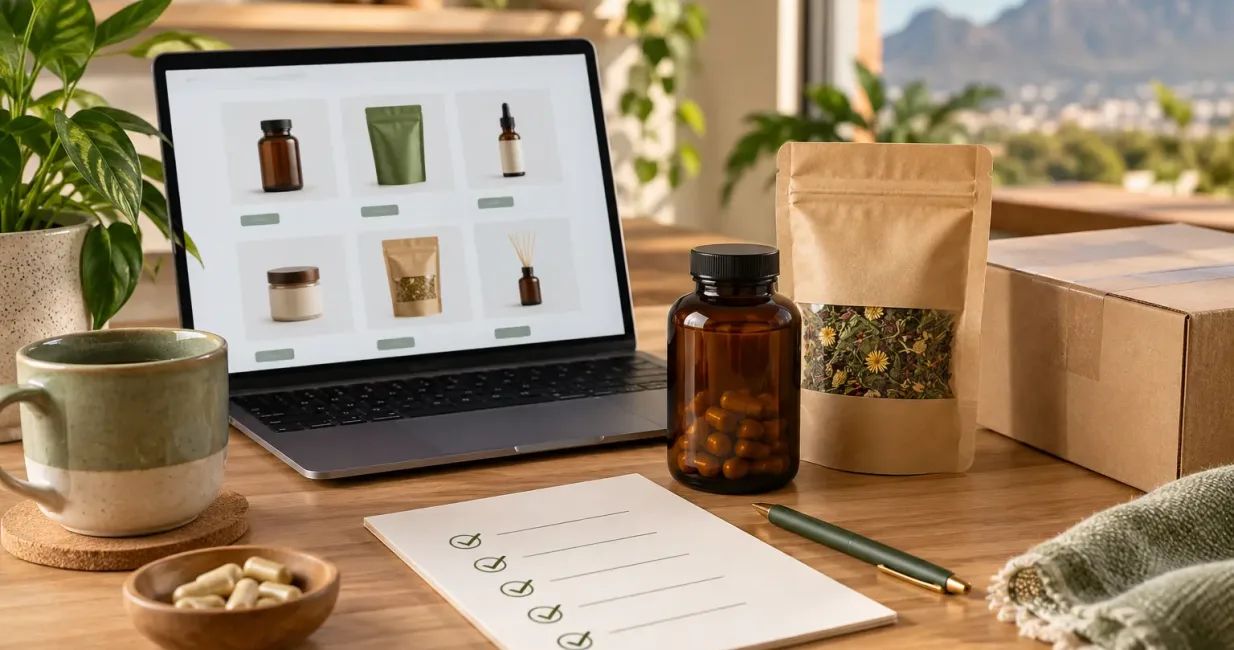 Laptop, parcel, wellness products and safety checklist for buying online in South Africa
