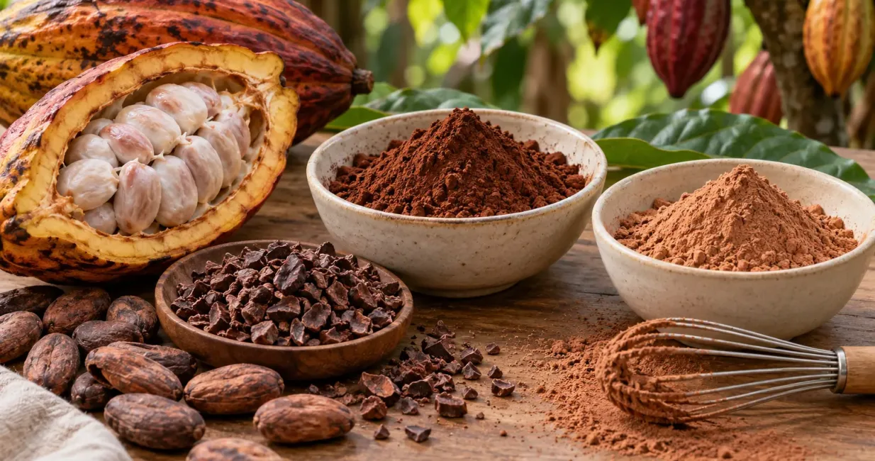 Opened cacao pod, cacao beans, nibs and two bowls of differently processed cacao and cocoa powder