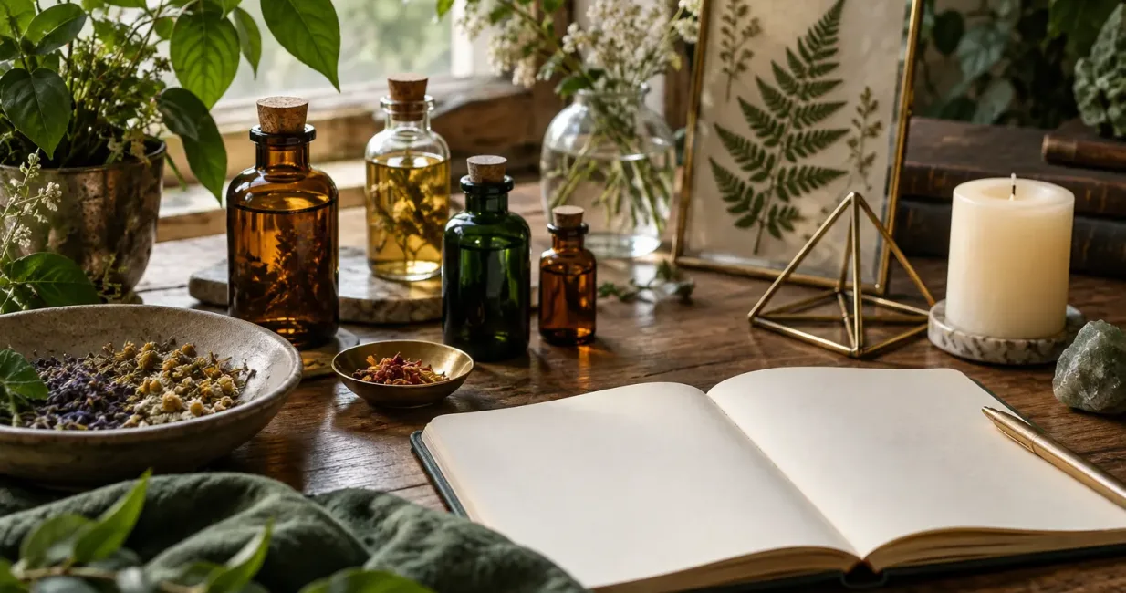 Unlabelled apothecary bottles, botanical specimen, journal and geometric object on a wooden table