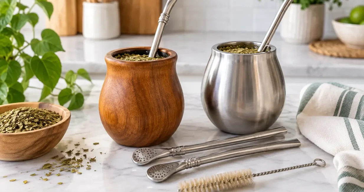 Wooden and stainless-steel Yerba Maté gourds, bombillas, cleaning brush and cloth