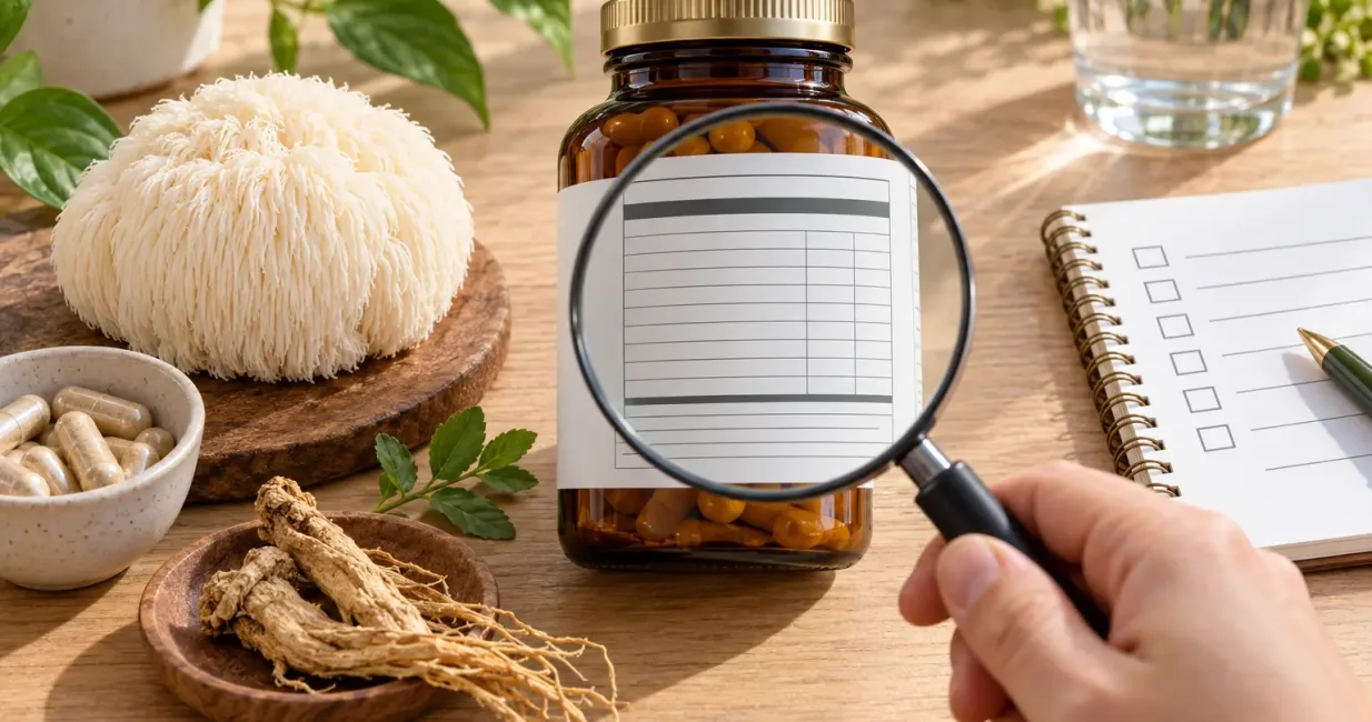 Magnifying glass examining an unbranded supplement label beside Lion's Mane mushroom, botanical root and checklist