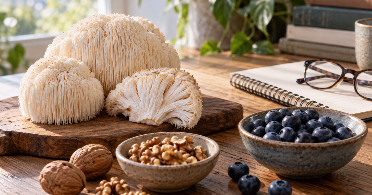Lion's mane mushrooms, walnuts and blueberries on a desk