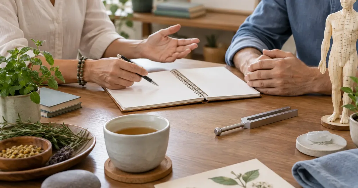 Two adults discussing a care plan beside a tuning fork, botanical specimen and anatomical model