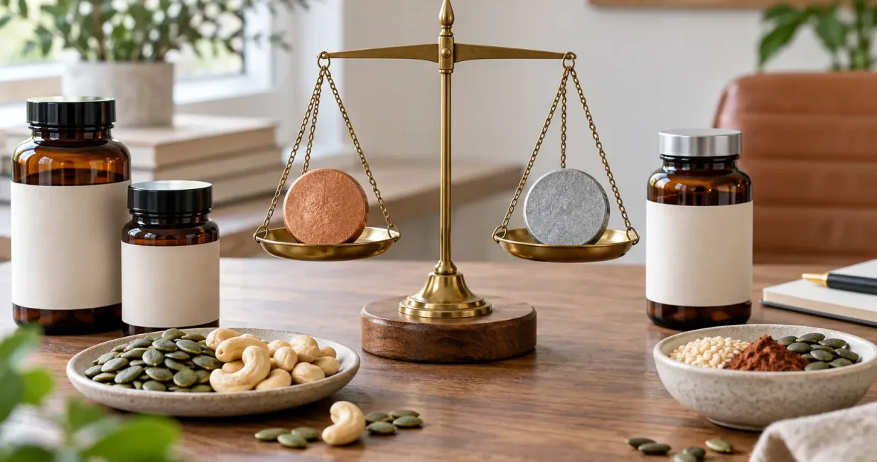 Balance scale holding copper-coloured and zinc-grey discs beside unlabelled supplements and food sources