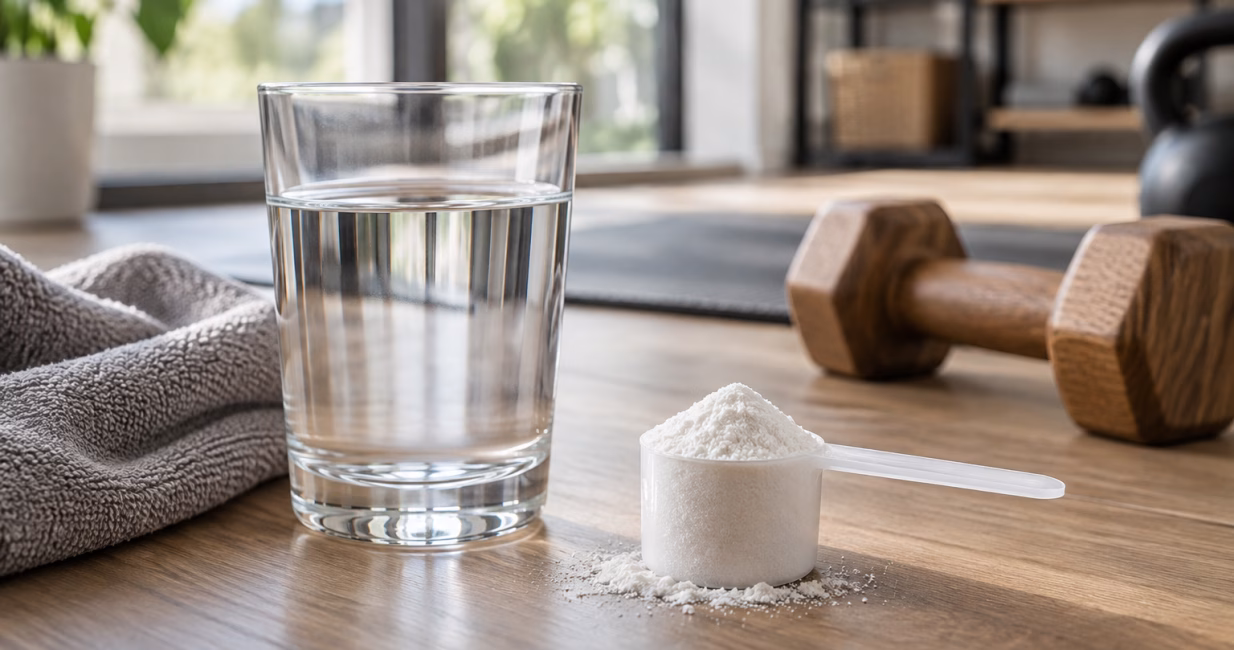 Creatine powder, water and dumbbells in a home gym