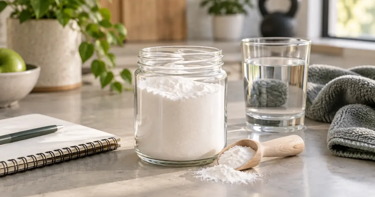 Unbranded creatine powder, wooden scoop and water in a bright wellness kitchen