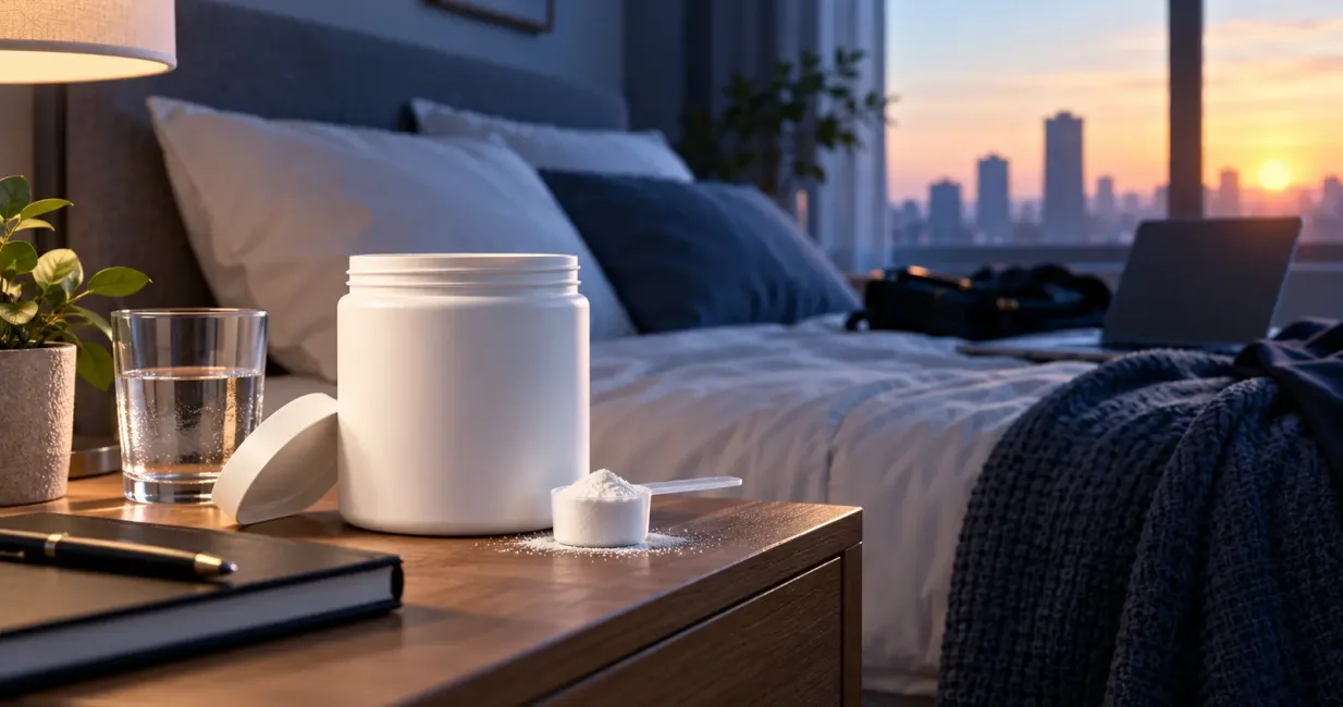 Unbranded creatine powder and water beside a bed at sunrise