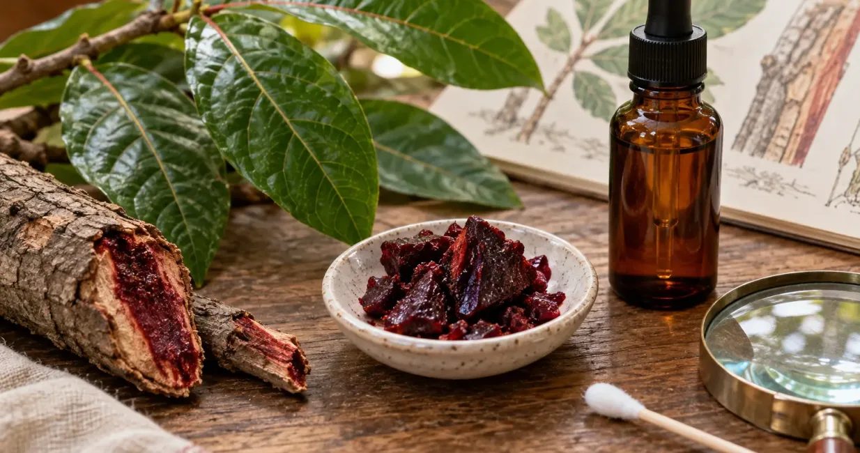 Croton lechleri leaves, bark and deep red resin beside an amber dropper bottle and magnifying glass
