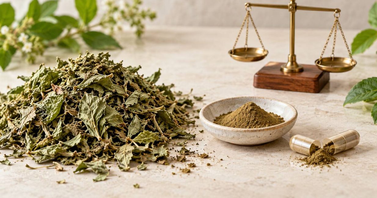 Dried herbal leaves, concentrated extract powder, an open capsule and a balance scale
