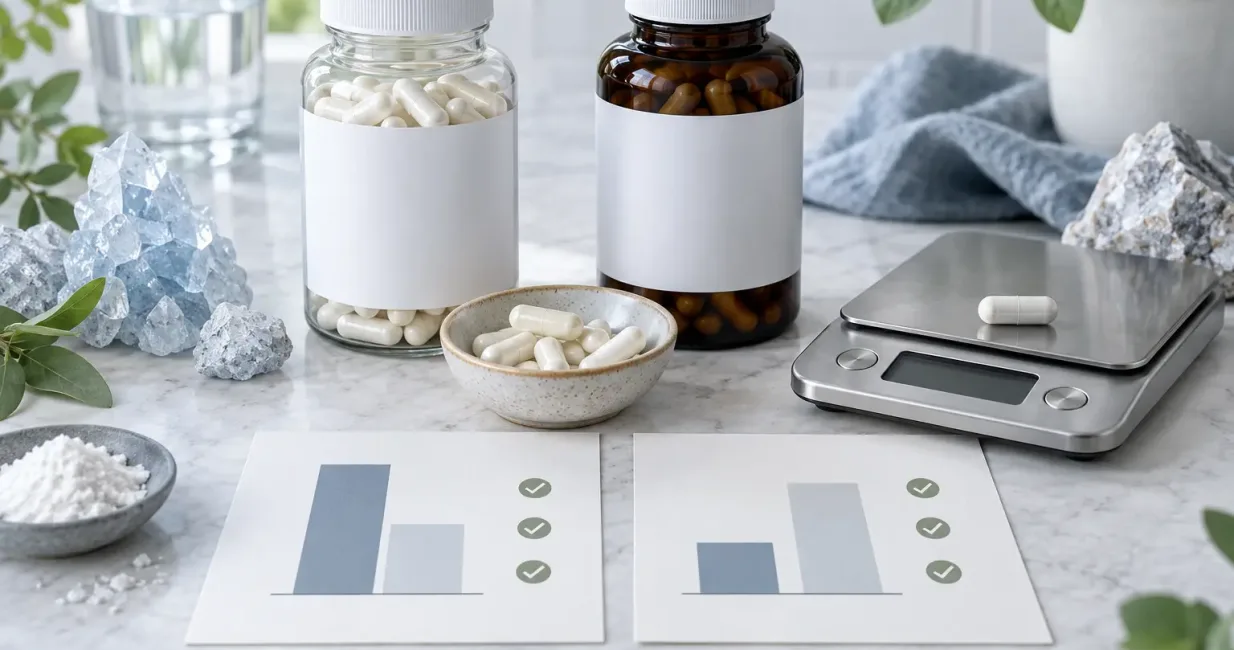 Two unlabelled magnesium supplement bottles beside a scale, capsules and comparison cards