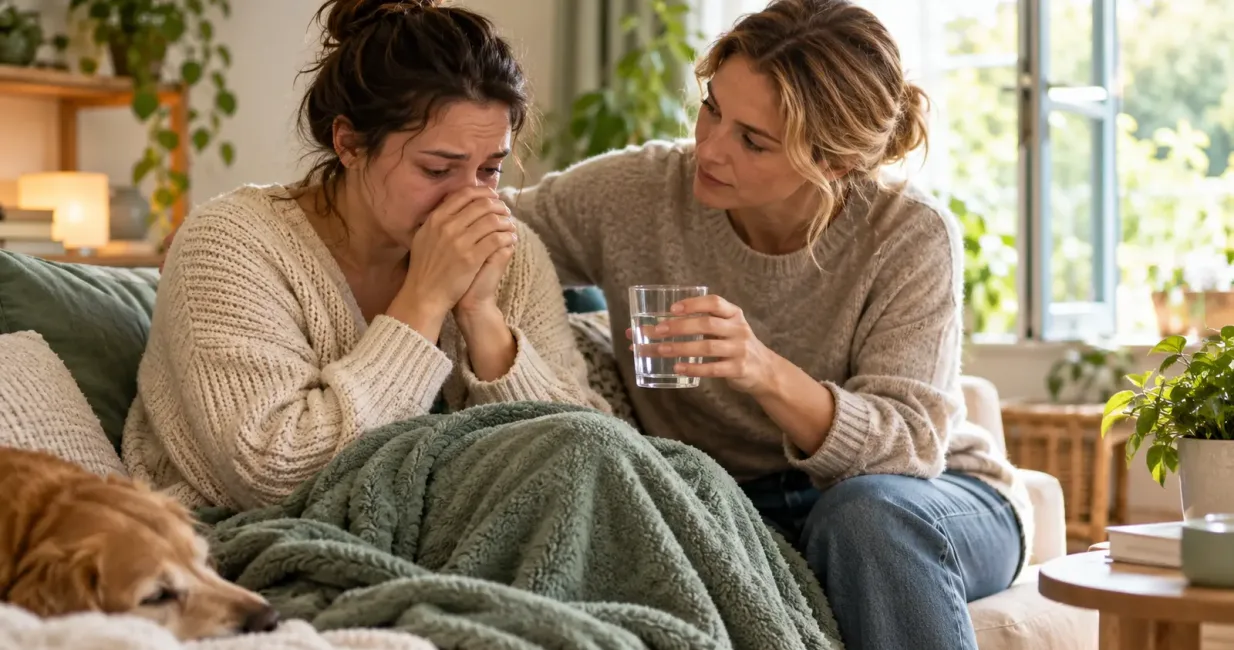 Supportive friend offering water and quiet presence to an overwhelmed woman at home