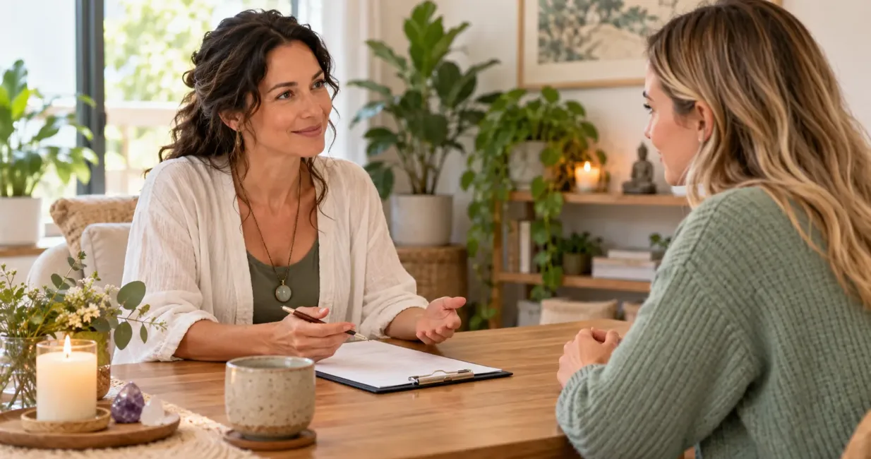 Holistic practitioner and client discussing consent and boundaries in a calm consultation