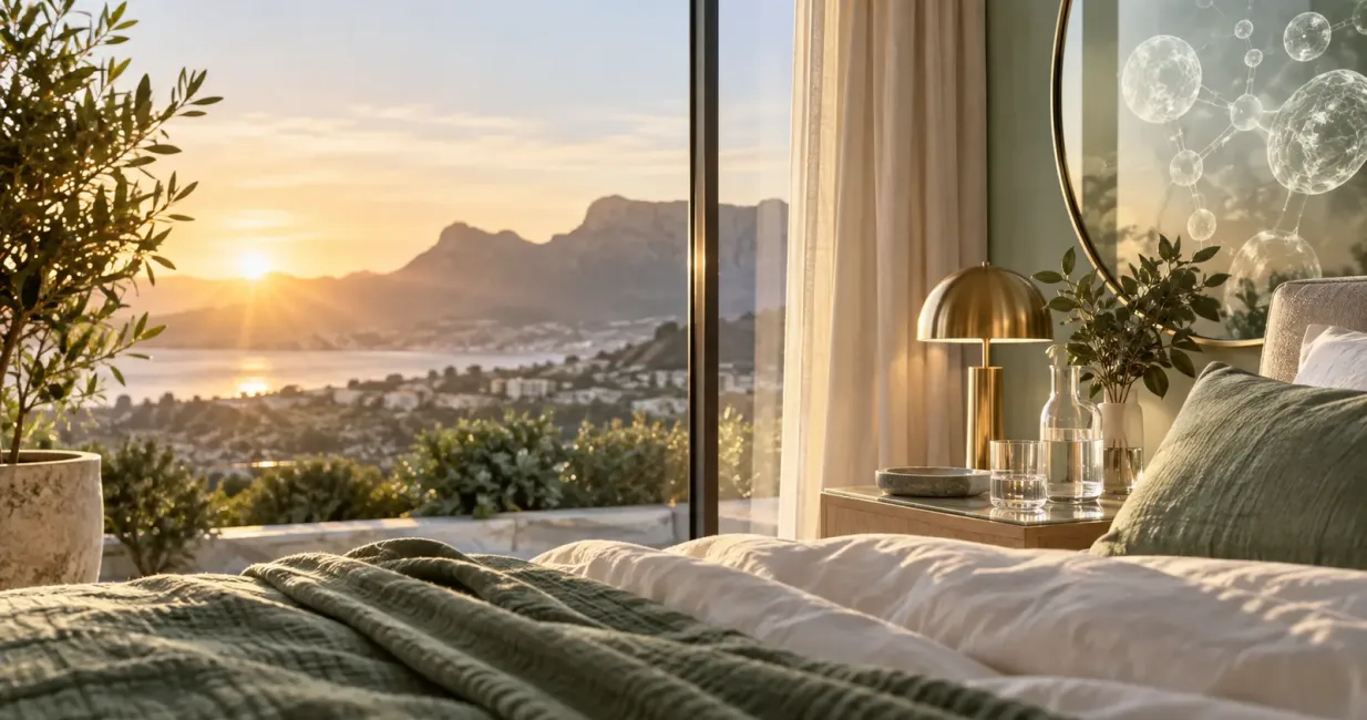 Sunrise beside a calm bedroom and an abstract cellular pattern
