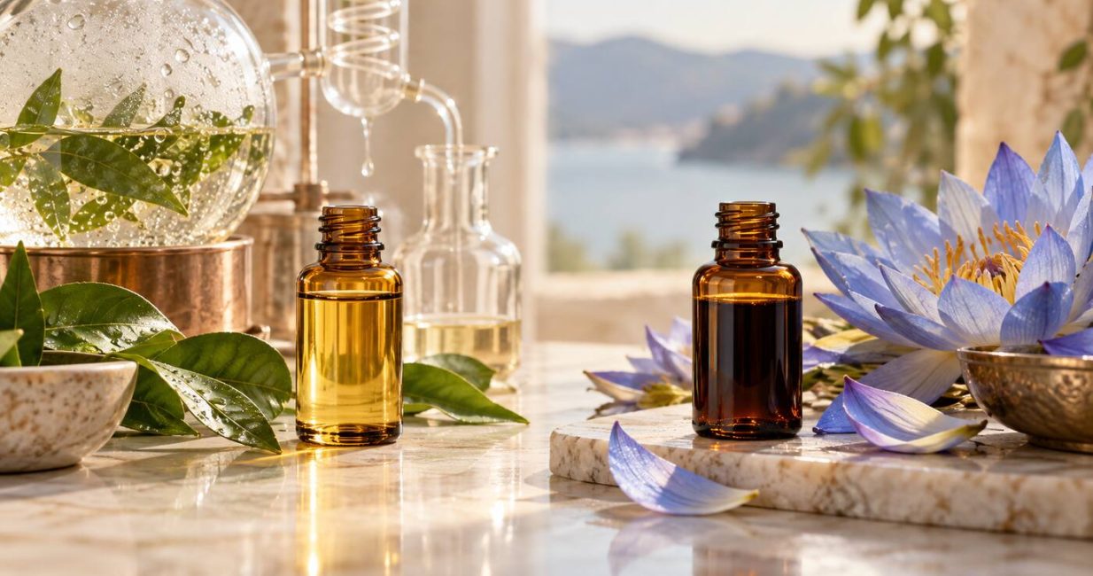 Two amber aromatic bottles showing steam-distilled oil and a darker flower absolute