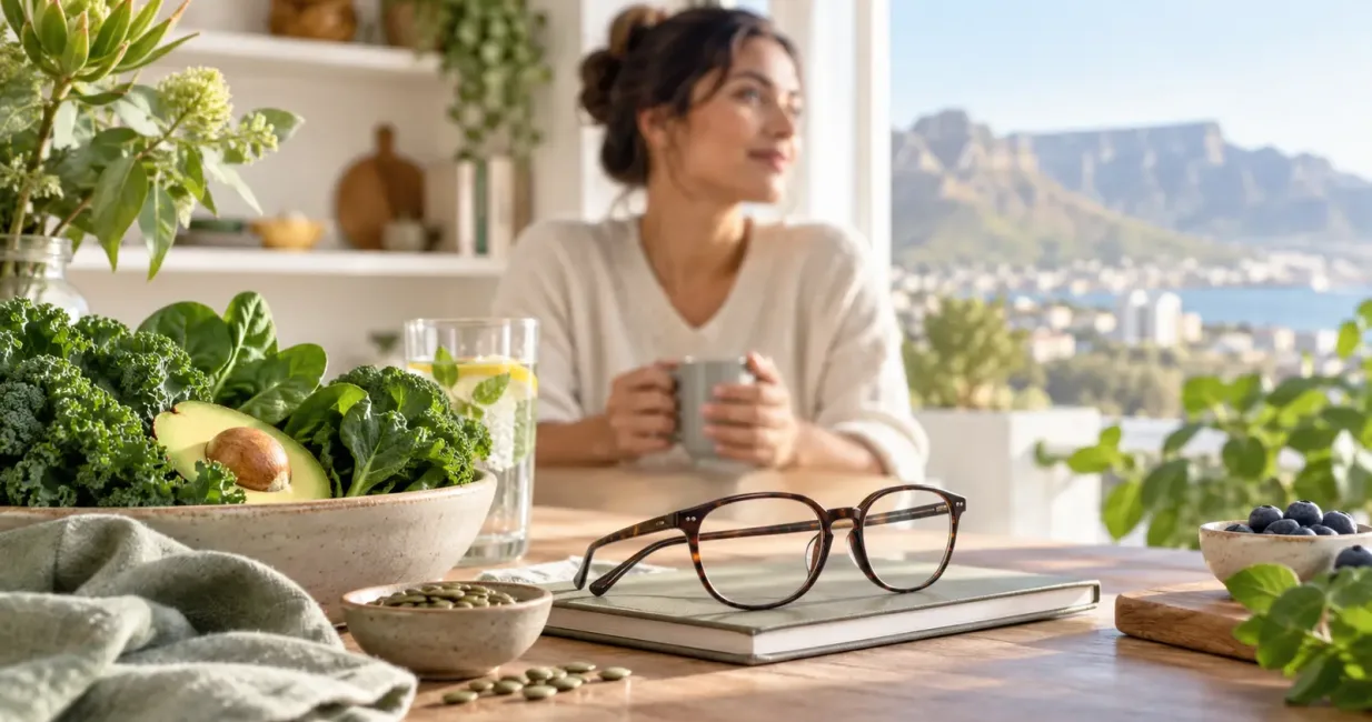 Person looking through a bright window beside spectacles and leafy foods