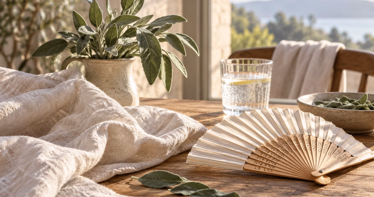 Cooling linen, sage and water in soft light for a menopause guide