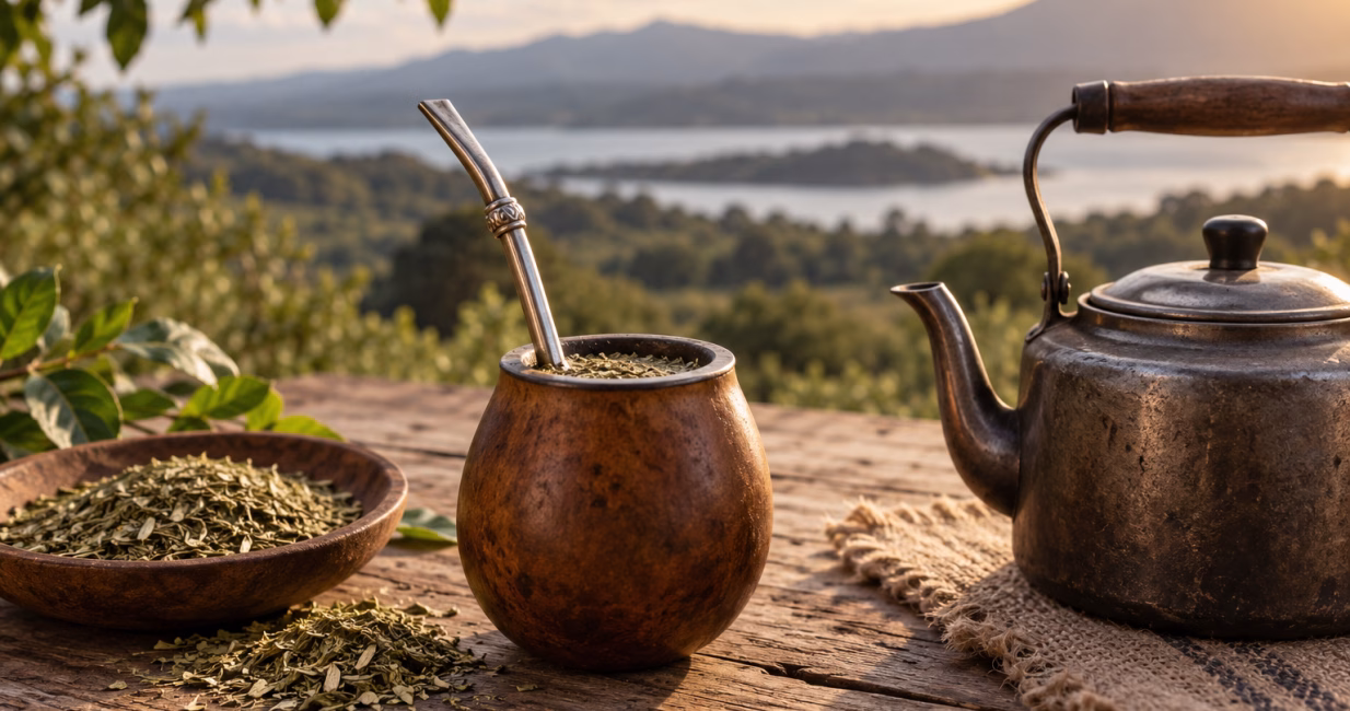 Traditional yerba mate gourd, bombilla and loose leaves