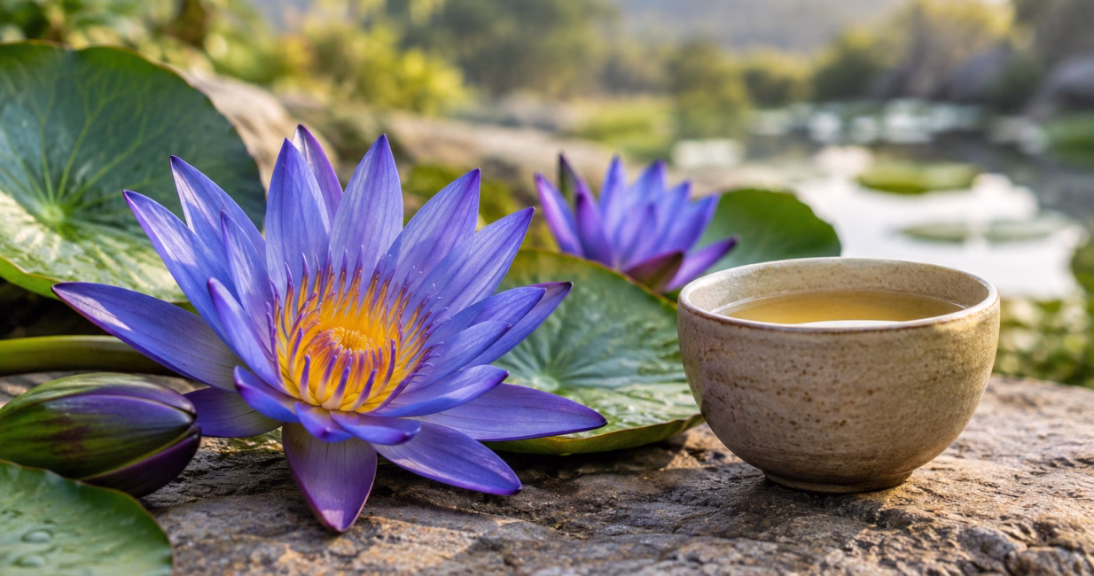Blue lotus flowers and herbal tea in soft morning light