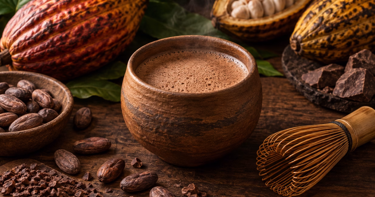 Ceremonial cacao with cacao pods and beans on a wooden table