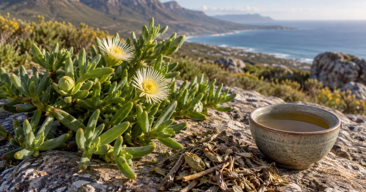 Sceletium plant and herbal infusion in a South African landscape