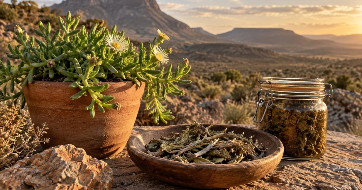 Sceletium succulent with dried plant material and a fermentation jar in a Karoo landscape