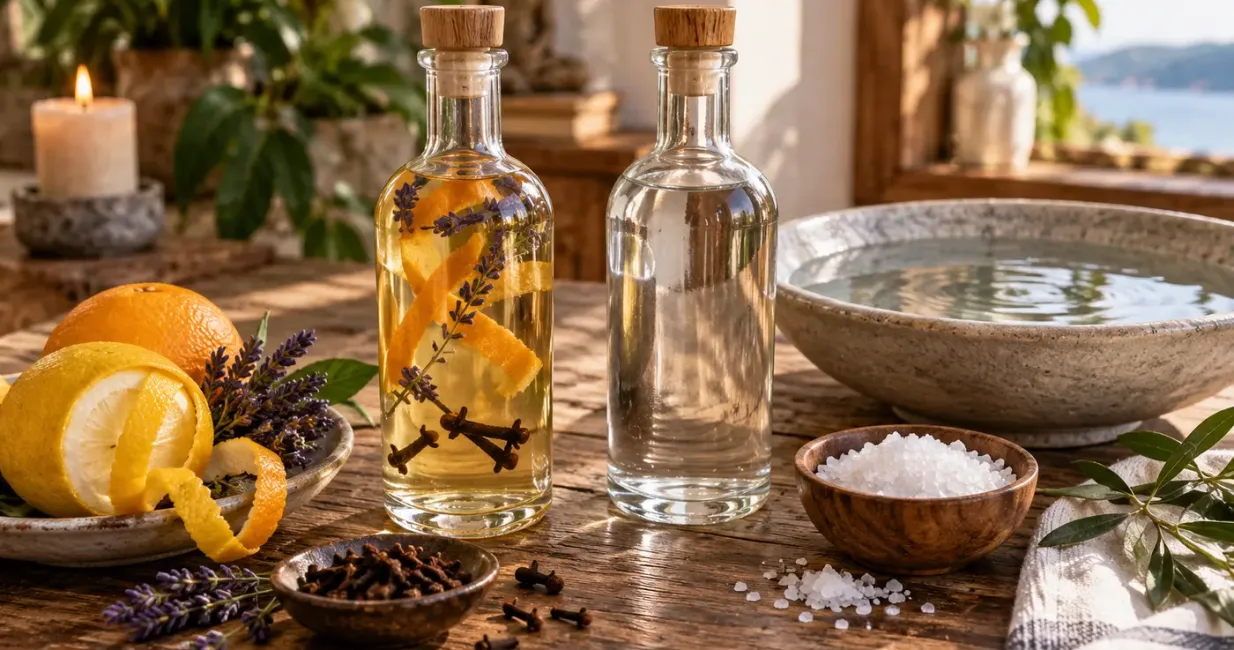 Two unlabelled ritual bottles with citrus, lavender, cloves, clear water and sea salt