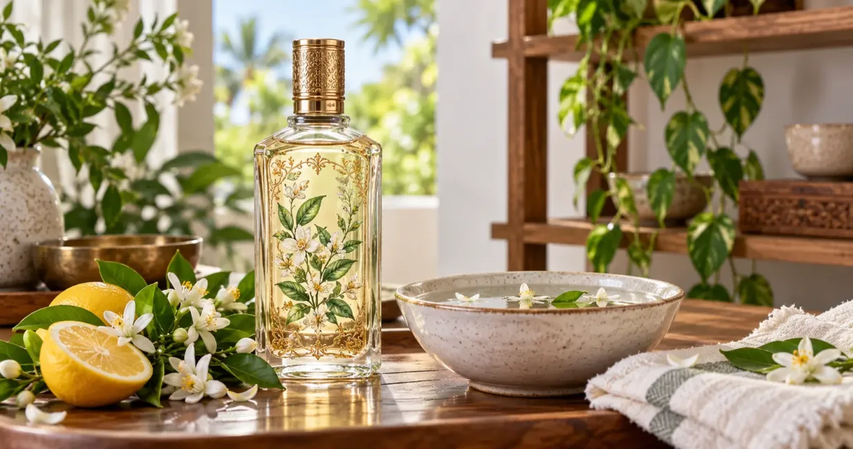 Unbranded botanical cologne bottle with a water bowl and citrus blossoms, away from flame