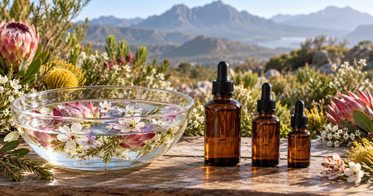 Flower petals in spring water beside three graduated amber essence bottles in a Cape fynbos setting