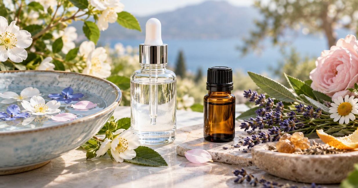 Clear flower essence dropper and amber essential-oil bottle among flowers and a bowl of water