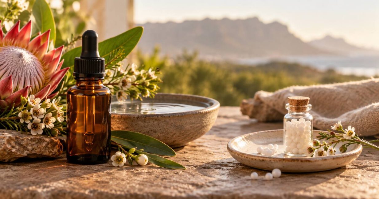 Flower essence dropper bottle beside flowers and water, compared with a vial of homeopathic pellets