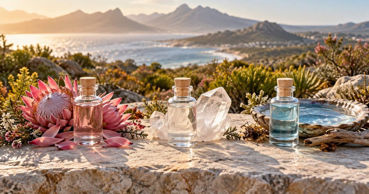 Three unbranded essence bottles beside flower petals, clear crystals and ocean water in a Cape landscape