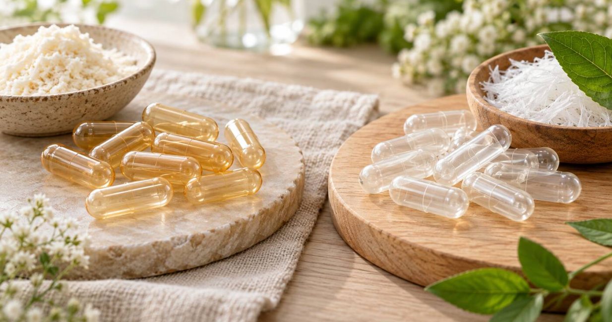 Amber gelatin capsules and clear plant-based capsules arranged equally with protein and cellulose textures