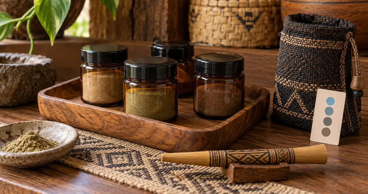 Airtight amber jars of traditional botanical powders stored on a dry wooden tray beside a clean bamboo Kuripé