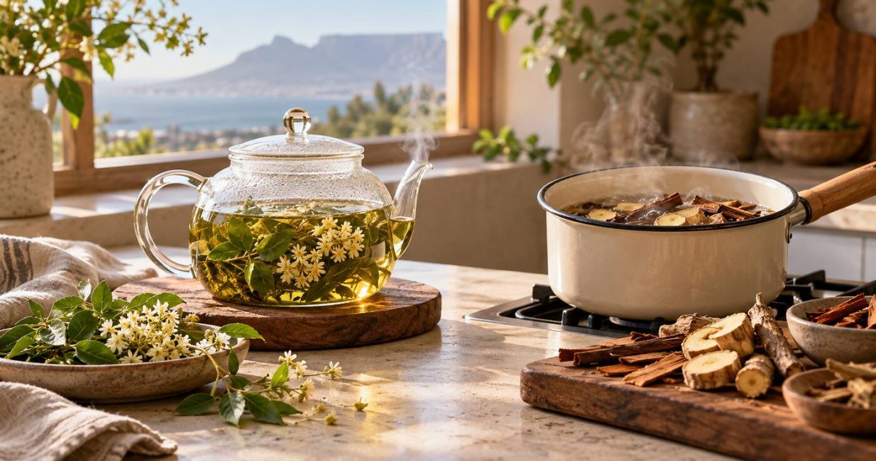 Herbal leaf and flower infusion beside a simmering root and bark decoction