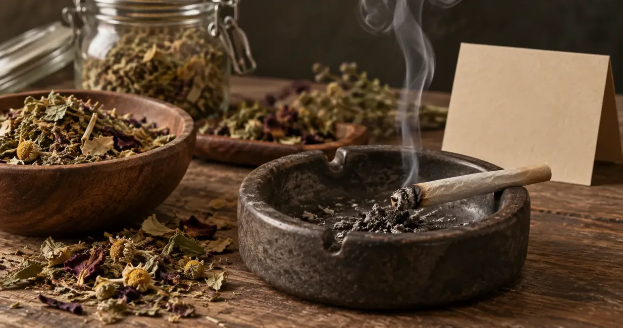 Dried herbal smoking blend and a smoking herbal roll in an ashtray