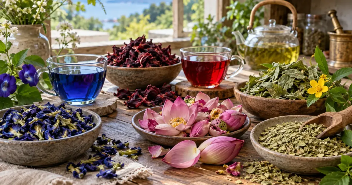 Colourful herbal tea pantry with blue pea, hibiscus, lotus-style flowers and green botanicals