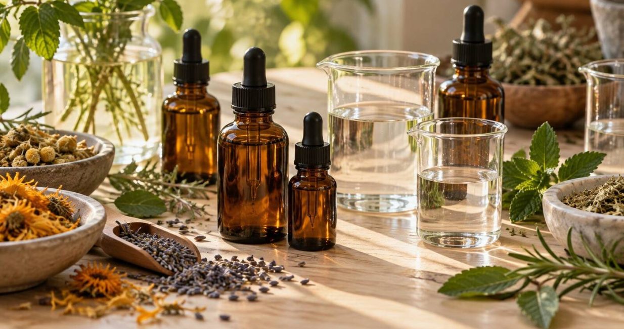 Amber herbal tincture bottles, clear liquids and dried botanicals on a wooden table