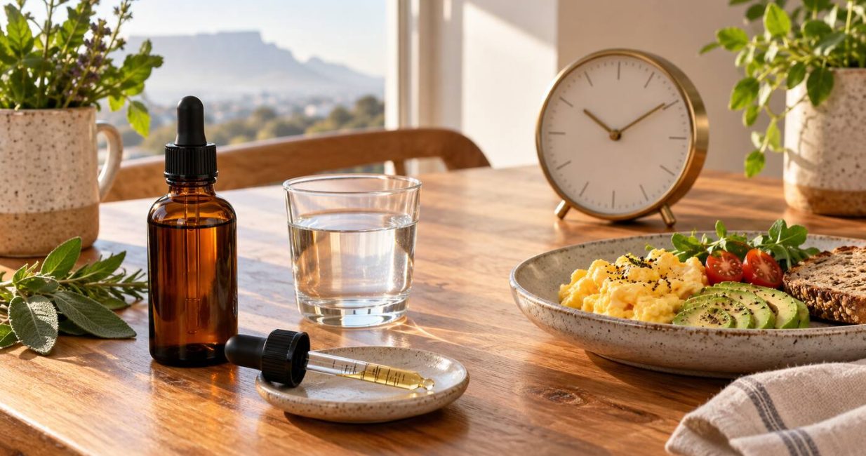Amber herbal tincture, water, breakfast and a clock on a sunlit table