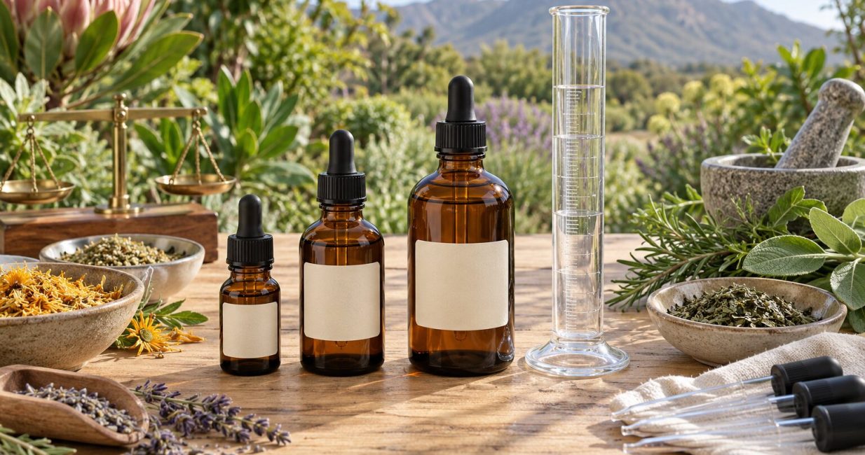 Three amber herbal tincture bottles with measuring glassware and dried botanicals