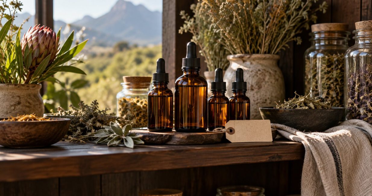 Amber herbal tincture bottles stored on a shaded apothecary shelf